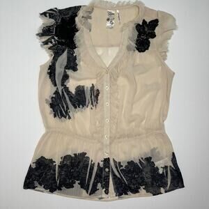Vintage Y2K Guess Sheer Chiffon Peplum Top with Lace Appliqué